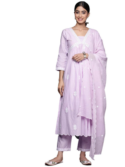 Varanga Women Lavender Embroidered A-Line Empire Kurta Paired With Tonal Bottom And Tonal Embroidered Dupatta