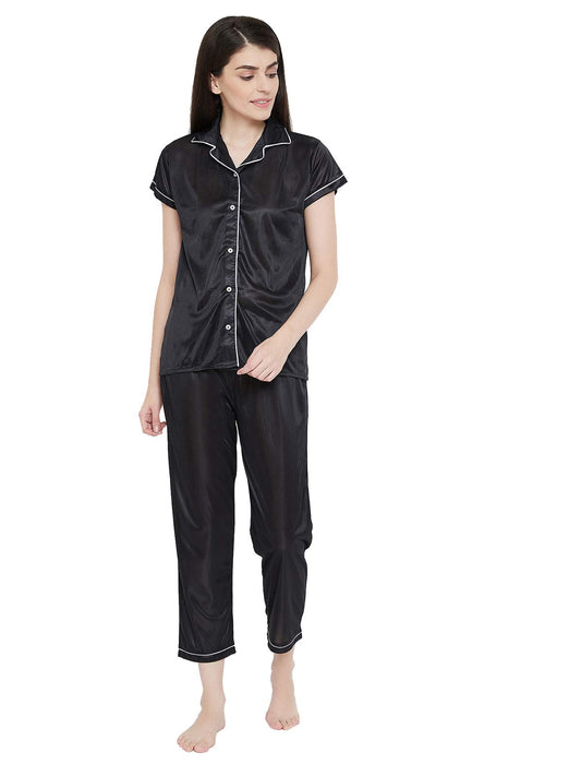 Clovia Womens Smooth Satin Shirt & Pyjama Set (NS1307P13_Black_XL)