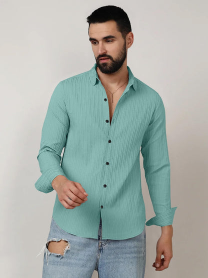 Finivo Fashion MenS Casual Cotton Plain Button Down Shirts Long Sleeve Textured Summer Beach Shirt For Men Turquoise