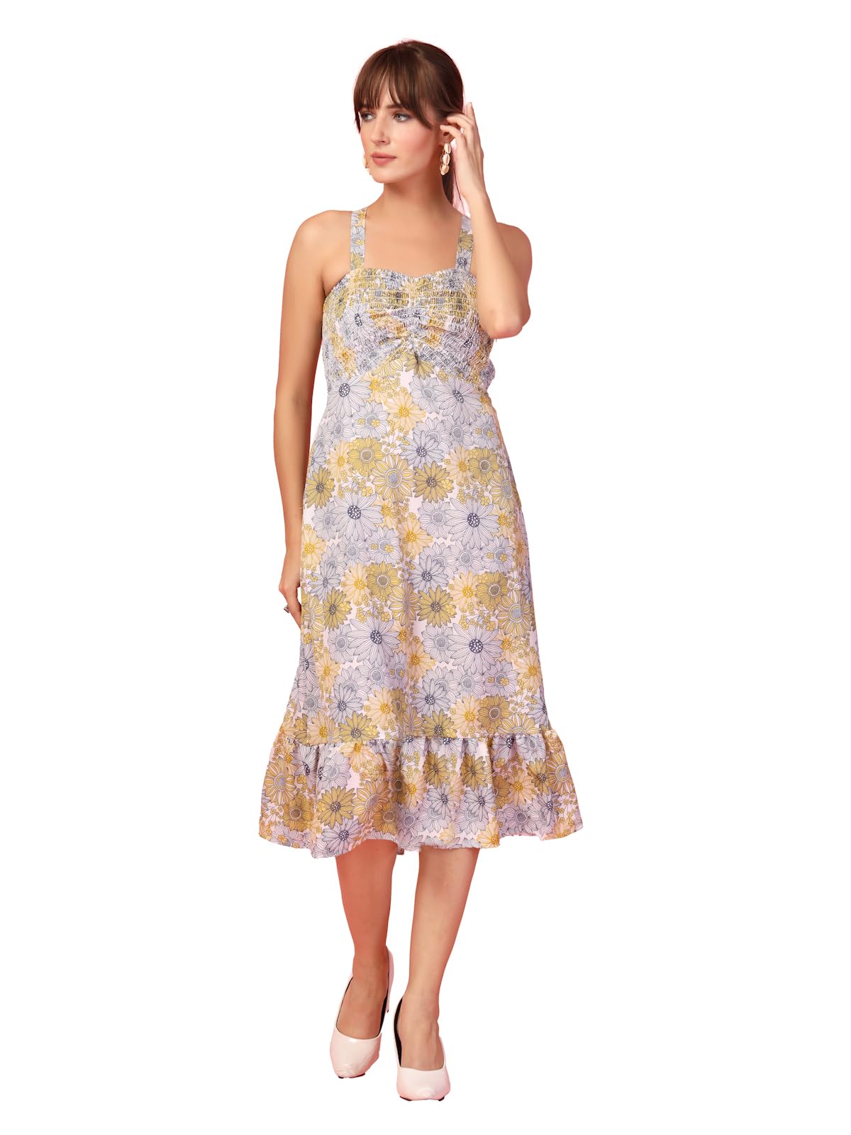 Oomph! WomenS Western & Fusion Wear Printed Crepe Dress For Women, Smocked Bodice, Yellow - Md1060
