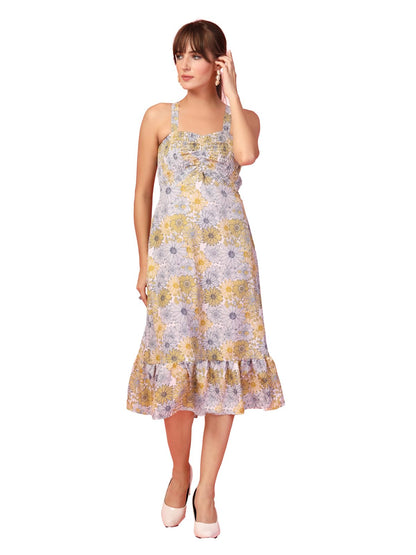 Oomph! WomenS Western & Fusion Wear Printed Crepe Dress For Women, Smocked Bodice, Yellow - Md1060