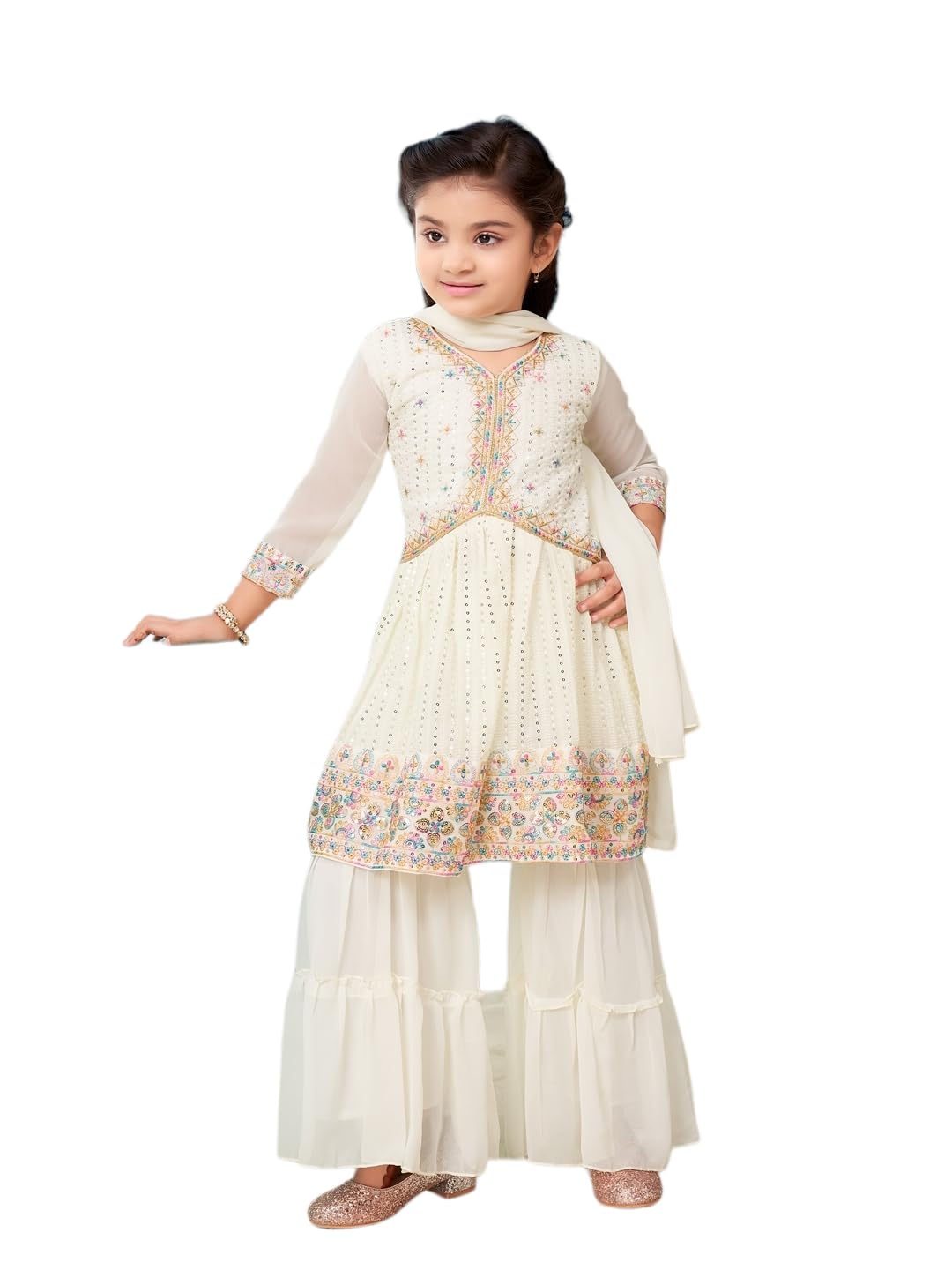 Aarika Girls Ethnic Wear Cream Colour Thread Sequin Embroidery Georgette Kurti Sharara Set (5-11 Years)