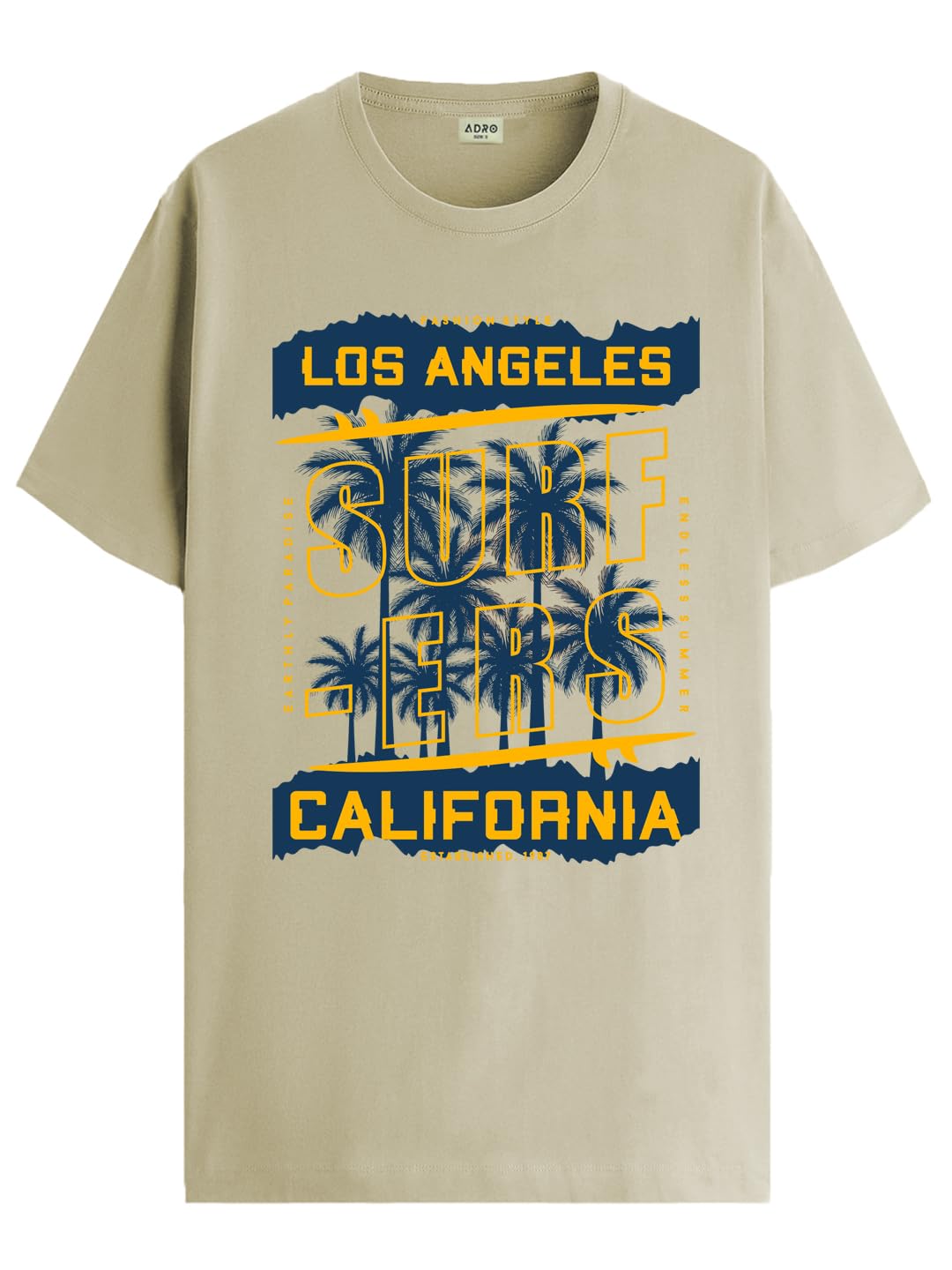 ADRO LA Surfers California Printed T-Shirt for Men - 100% Cotton, Regular Fit, Soft Breathable Fabric. (RN23-M-SRF-BE_Beige)
