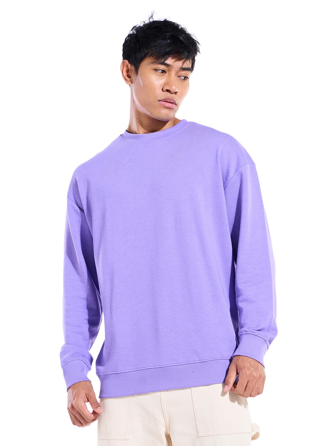 Bewakoof Mens Solid Oversized Fit Full Sleeve Round Neck Poly Cotton Sweatshirt_644620_Purple_L