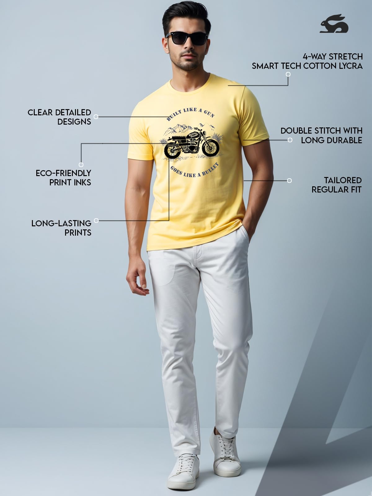 ADRO Men's Royal Bike Design Printed 100% Cotton T-Shirt - Regular Fit, Printed T-Shirts for Men (RN24-RYL-LY_Light Yellow)