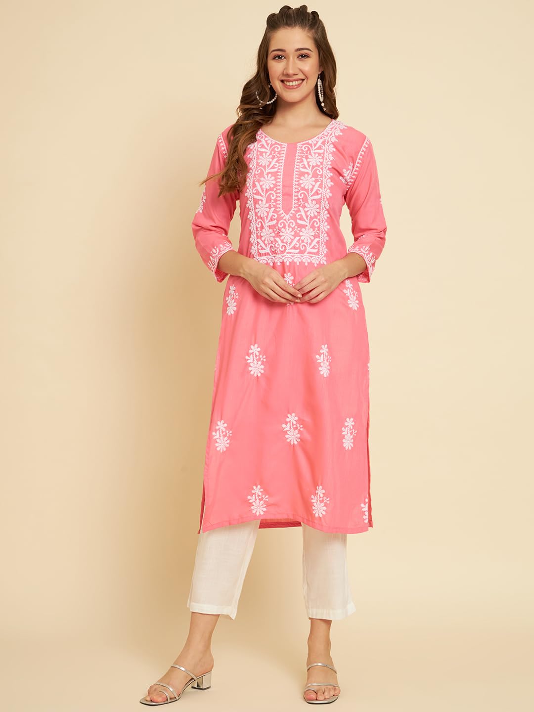 Vairagee WomenS Soft Slub Cotton Straight Cut Round Neck Kurta With Beautiful Lucknowi Chickenkari Work (1571) Pink