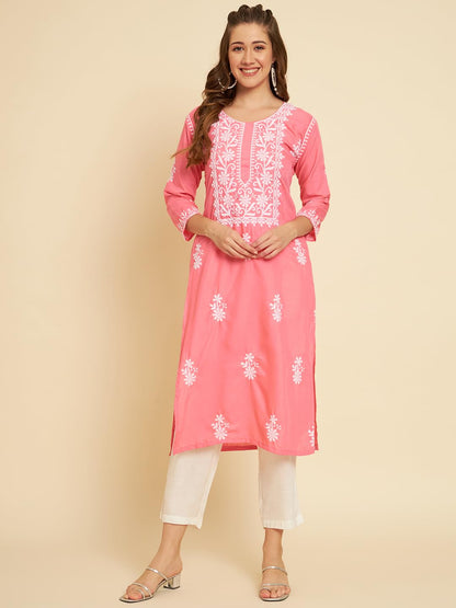 Vairagee WomenS Soft Slub Cotton Straight Cut Round Neck Kurta With Beautiful Lucknowi Chickenkari Work (1571) Pink