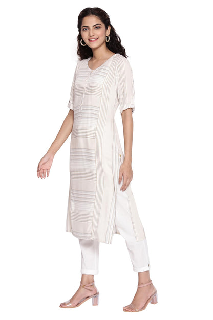 Aurelia Women's Viscose Regular Fit Geometric Round Neck FLA Kurta