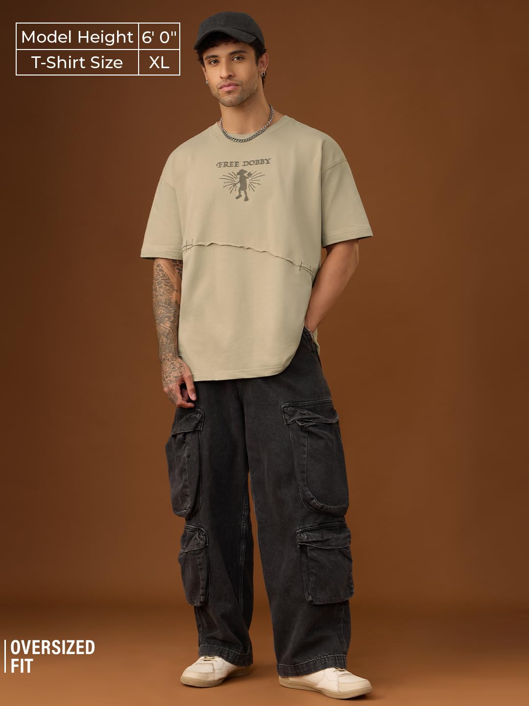 The Souled Store Harry Potter: Free Dobby Men and Boys Short Sleeves Round Neck Beige Embroidered Casualwear Streetwear Lightwei