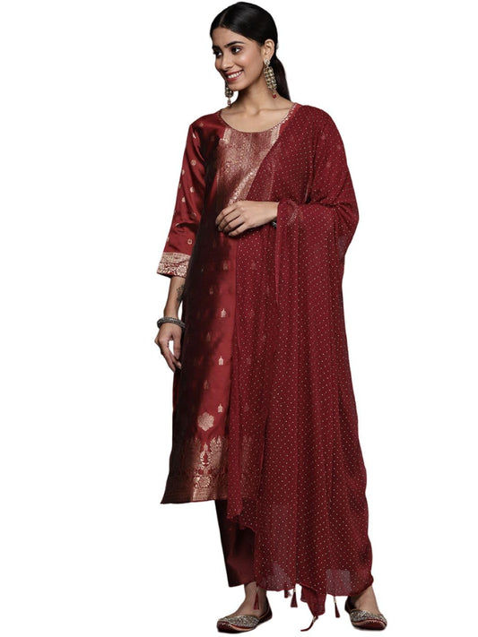 Varanga Maroon and Gold Brocade Kurta Paired with Straight Pant and Chiffon Dupatta