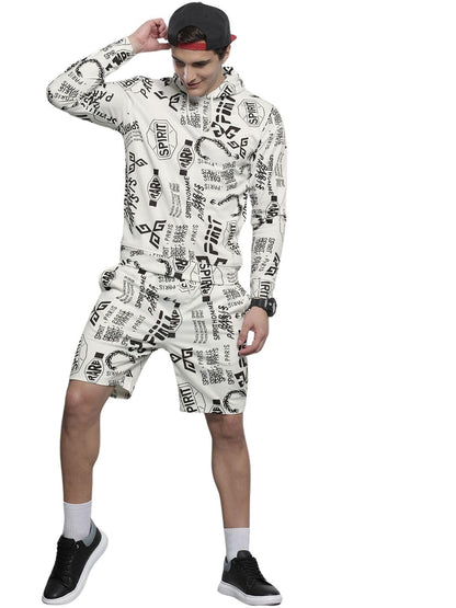 The Indian Garage Co Men White Regular Fit Abstract Print Hooded Sweatshirt