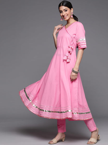 Varanga Women Pink Flared Angrakha Kurta Set with Multi Colour Leheriya Dupatta