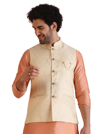 Kisah Men Tan Color Woven Design Nehru Jacket Ethnic Festive Waistcoat Cotton, Regular Fit