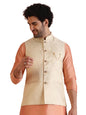 Kisah Men Tan Color Woven Design Nehru Jacket Ethnic Festive Waistcoat Cotton, Regular Fit
