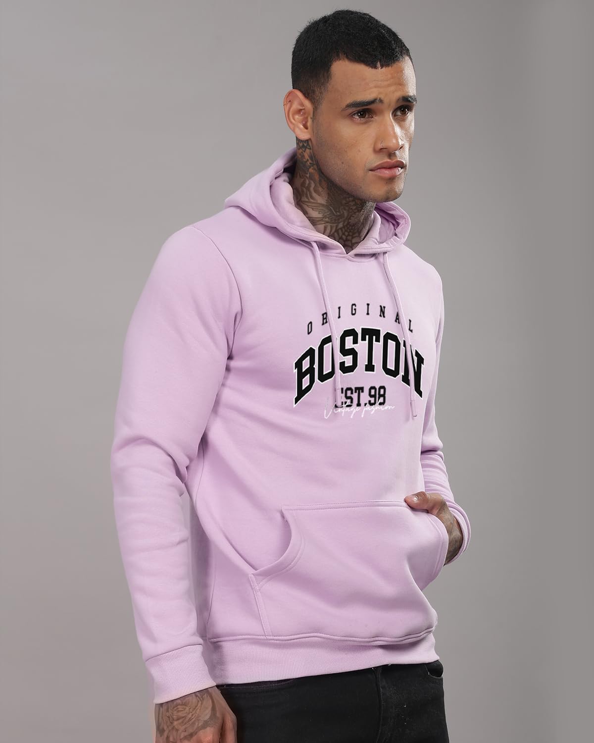 ADRO Men's Cotton Neck Hooded Sweatshirt (H24-BOST-PU_Lavender
