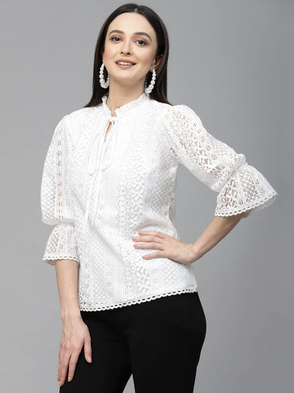 Style Quotient Women White Self Design Lace Regular Smart Casual Tops