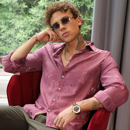 Campus Sutra Mens Rouge Pink Self-Design Floral Shirt | Casual Wear | Spread Collar | Long Sleeve | Button Closure | Shirt Craf