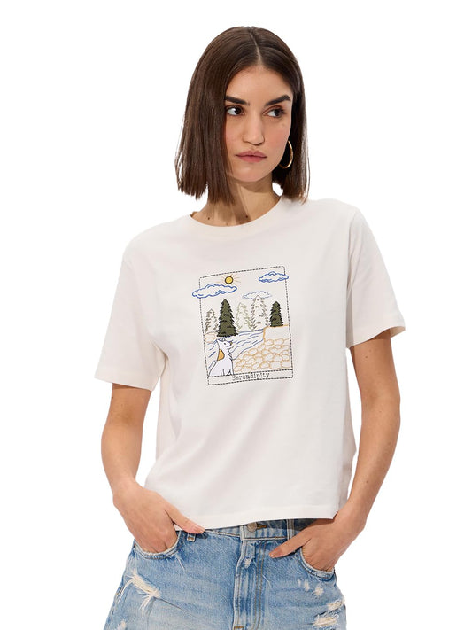 The Souled Store Serene Cotton Women & Girls Short Sleeve Round Neck Graphic Printed Relaxed Fit T-Shirts White