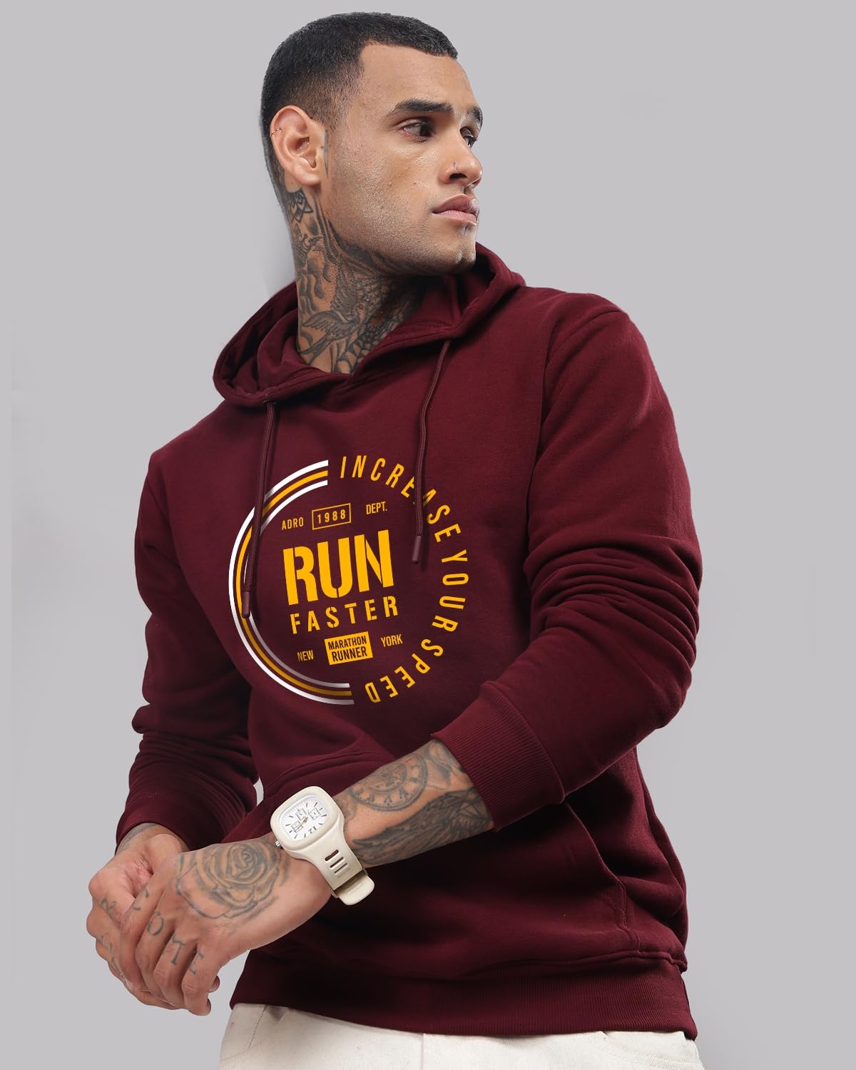 ADRO Men's Cotton Neck Hooded Sweatshirt (H24-FAST-MR_Maroon