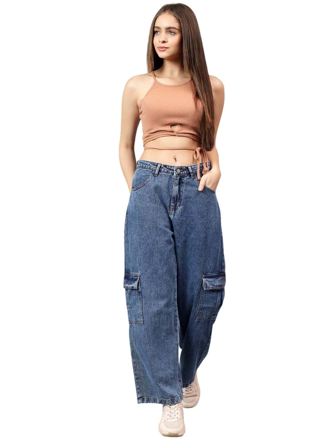 Kotty WomenS High Rise Solid Cotton Blend Stylish Cargo Jeans(Blue,30)
