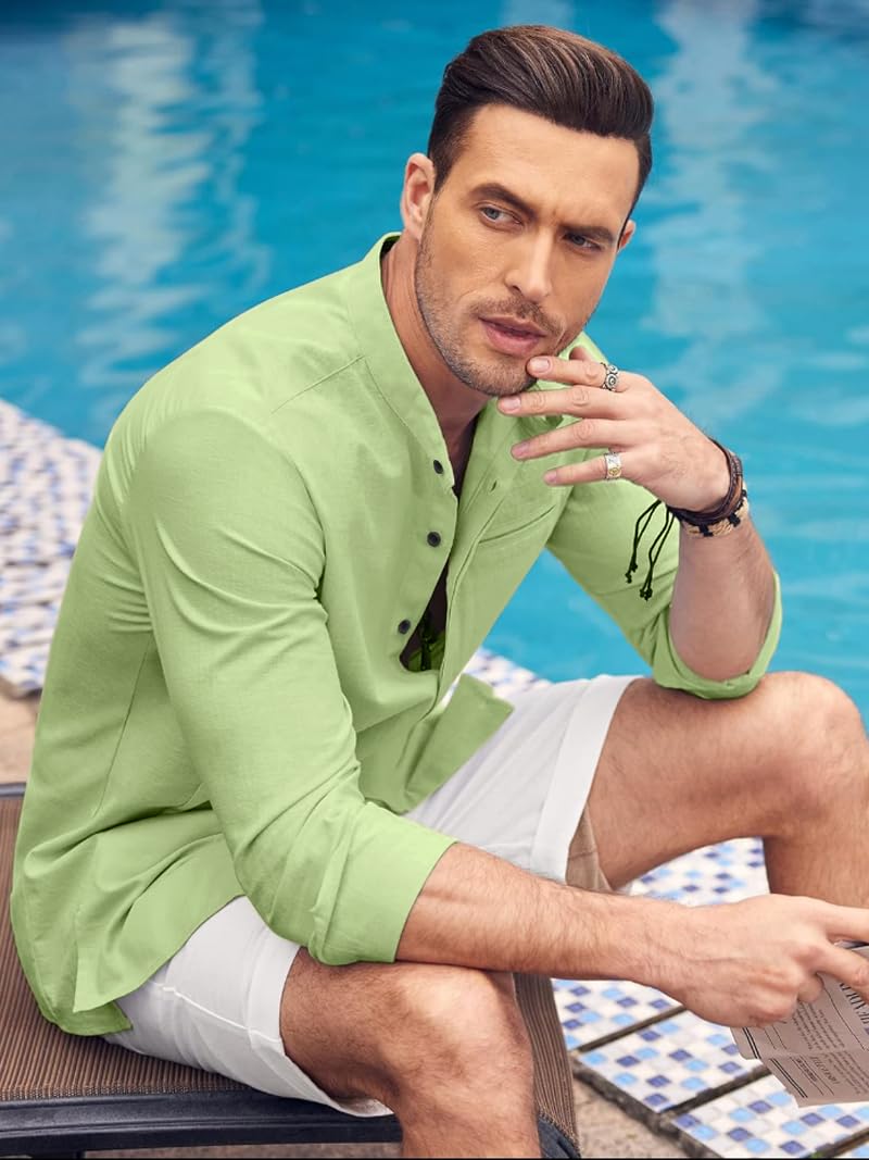 Bellstone Mens Casual Button Down Shirt | Cotton Luster Long Sleeves Shirts | Mandarin Collared Shirts Light Green