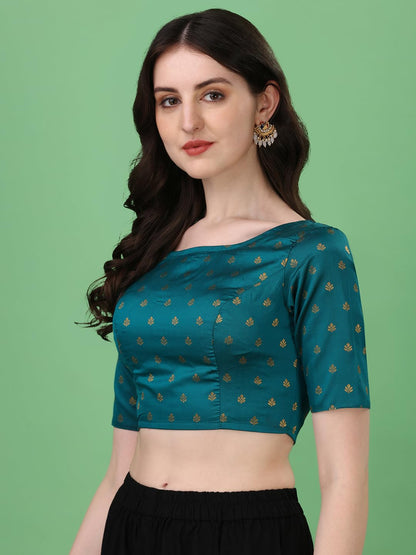 OOMPH! Womens Indian Ethnic Wear Designer Leaf Pattern Boat Neck Half Sleeve Brocade Teal Blue Blouse for Saree or Lehnga and B