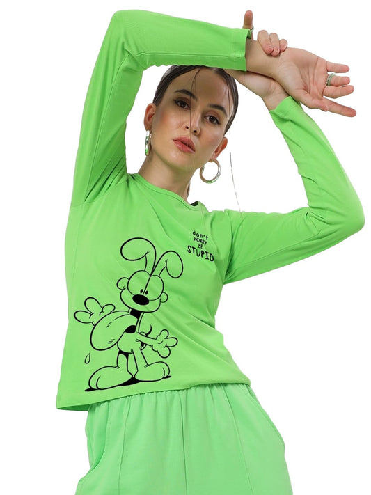 Bewakoof Official Garfield Merchandise WomenS Graphic Print Regular Fit Full Sleeve Round Neck Cotton T-Shirt_624886_Green_M