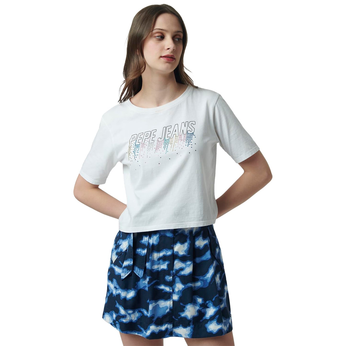 Pepe Jeans Embellished Cotton Round Neck WomenS T-Shirt (White, Large)