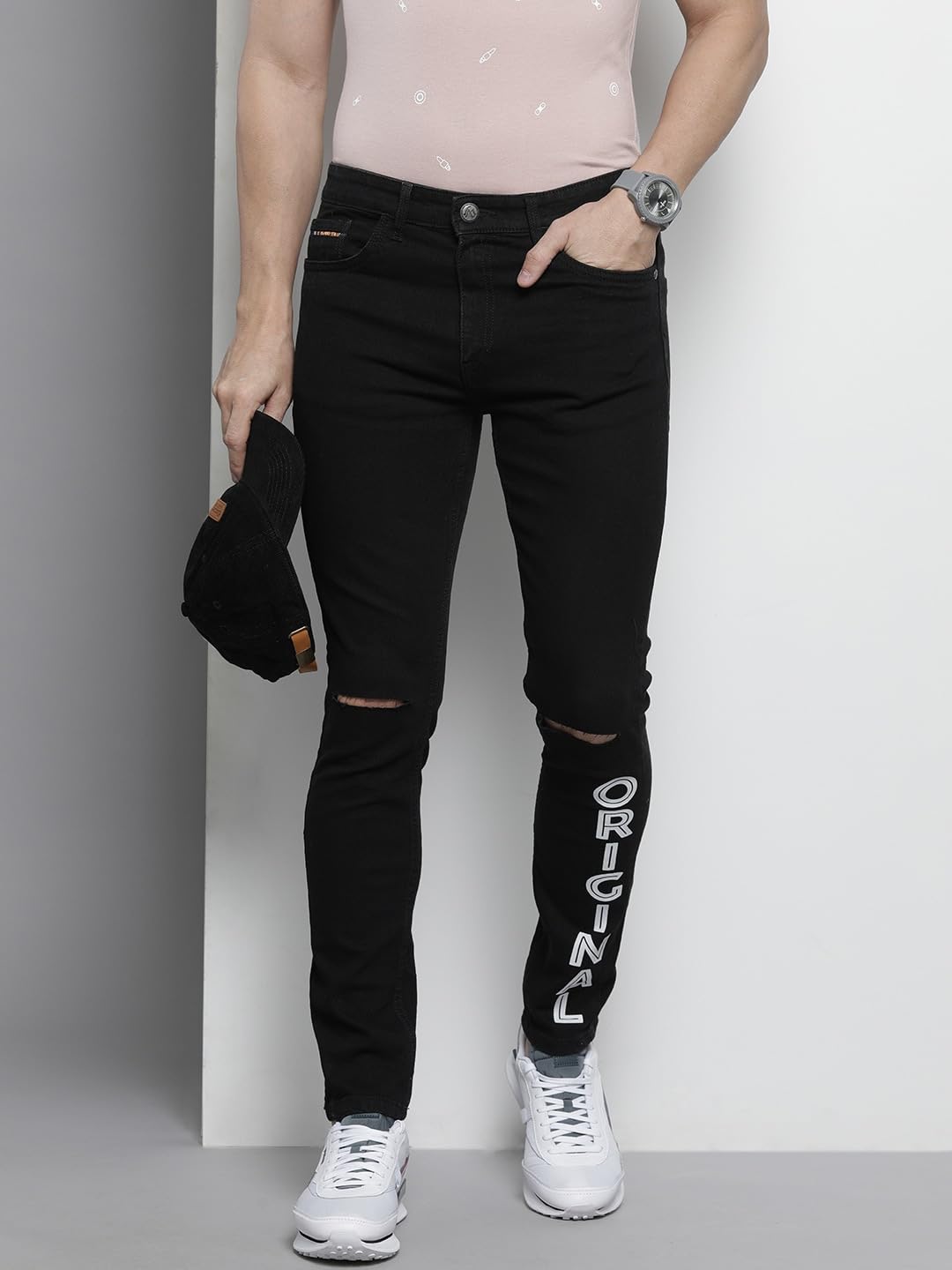 The Indian Garage Co Men Slim Fit Placement Print Mid-Rise Stretchable Jeans Black