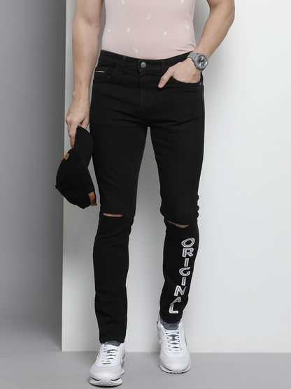 The Indian Garage Co Men Slim Fit Placement Print Mid-Rise Stretchable Jeans Black