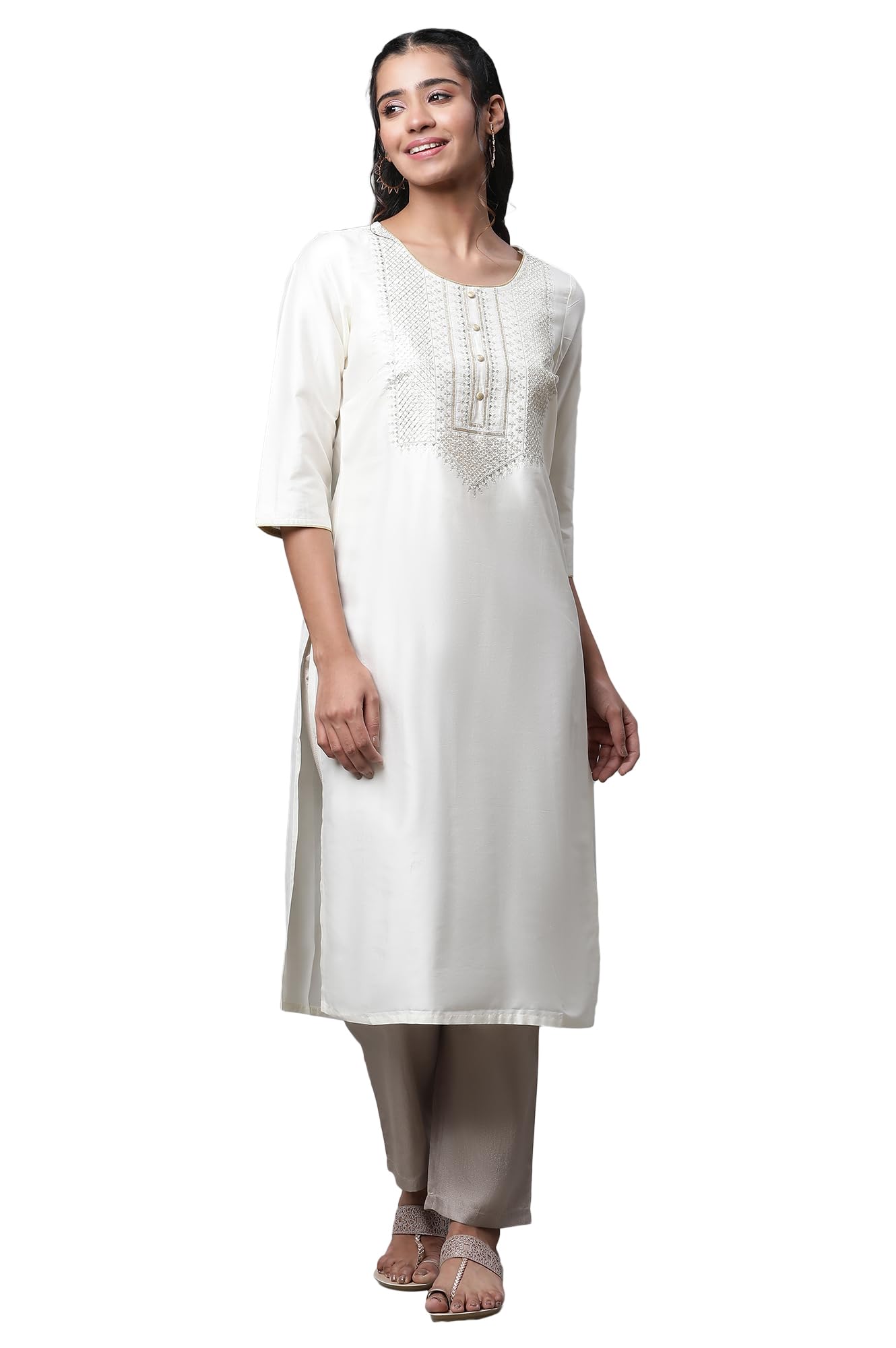 Aurelia Women's Cream Solid Solid Viscose Poly Straight Kurta_23AUA14762-704642_XS