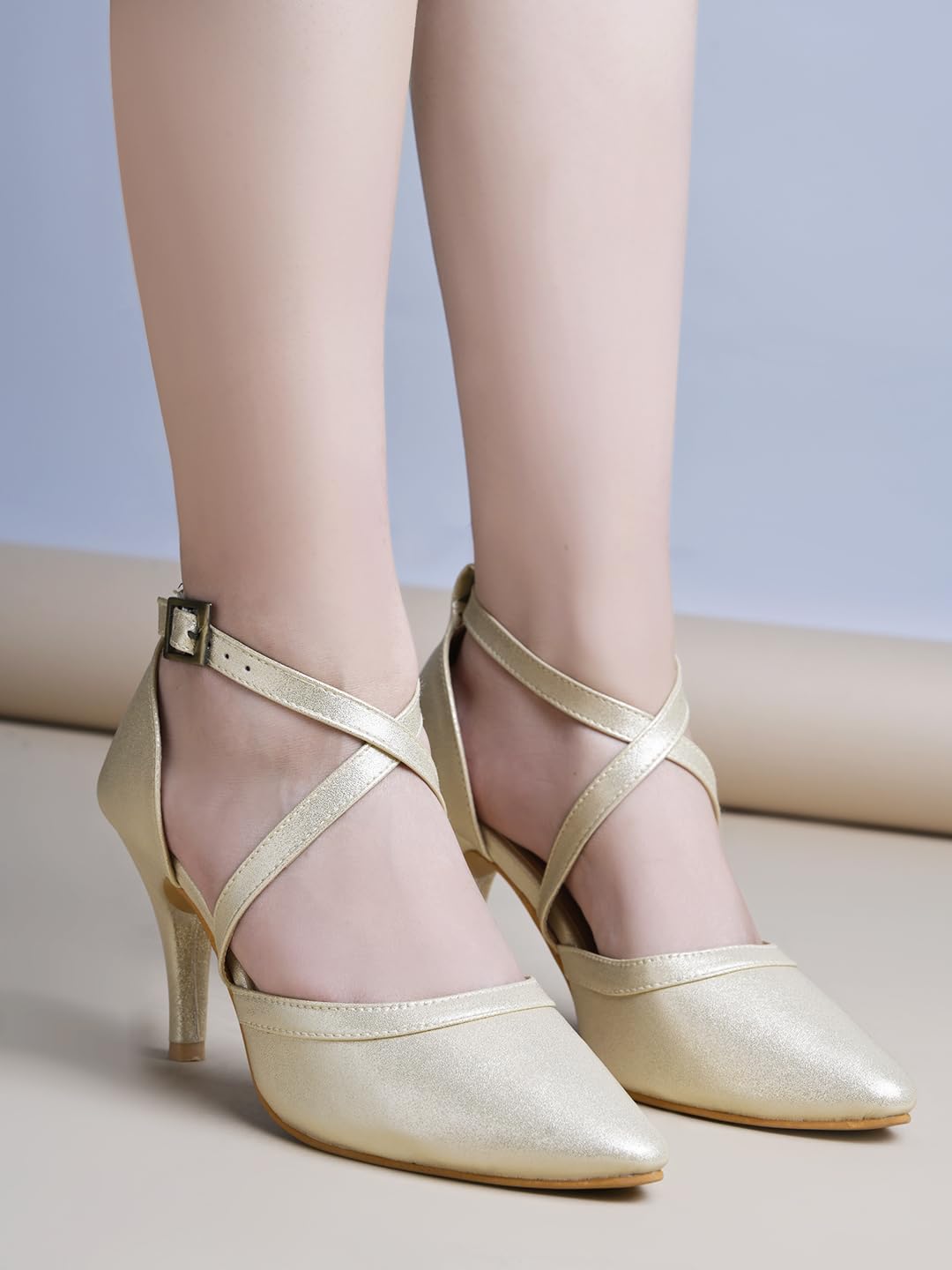 Shoetopia WomenS Golden Patent Leather Heels || Cross Strap Closed Toe Pumps With Buckle || Stylish High Heel Perfect For Offic