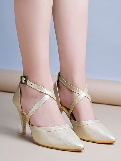 Shoetopia WomenS Golden Patent Leather Heels || Cross Strap Closed Toe Pumps With Buckle || Stylish High Heel Perfect For Offic