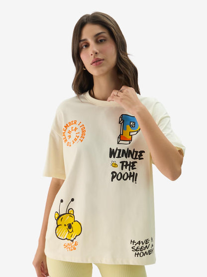 The Souled Store Disney: Winnie The Pooh Displacement Women and Girls Short Sleeve Round Neck Off White Graphic Print Oversized