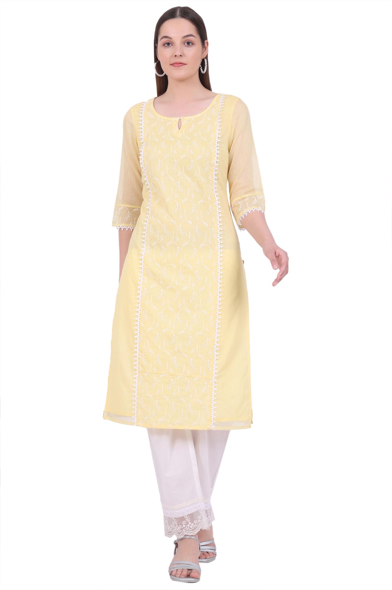 Aurelia Women'S Yellow Embroidered Cotton Blend Straight Kurta (Size: 2Xl)-A15829-E608308