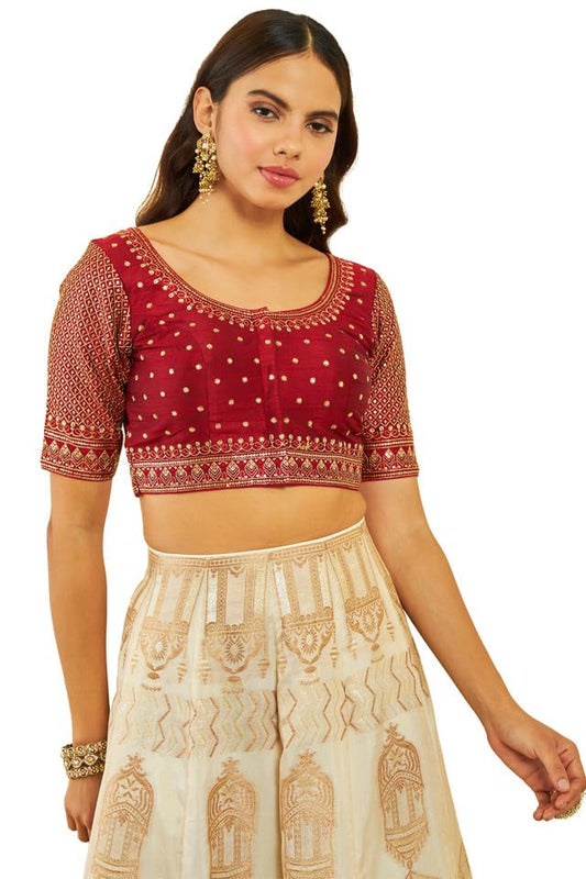 Soch Womens Maroon Tussar Sequin Embellished And Embroidered Front-Open Blouse