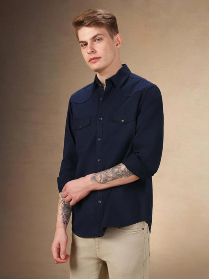 Dennis Lingo Men Solid 100% Cotton Relaxed Fit Full Sleeves Shirts Navy Blue
