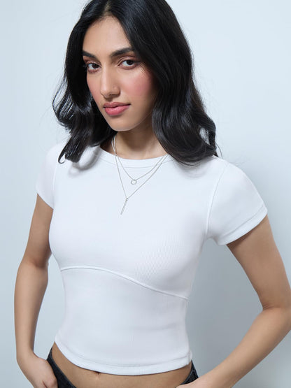The Souled Store Ribbed Top: Pearl Women and Girls Short Sleeves Round Neck Solid Cotton Blend Slim Fit T-Shirts