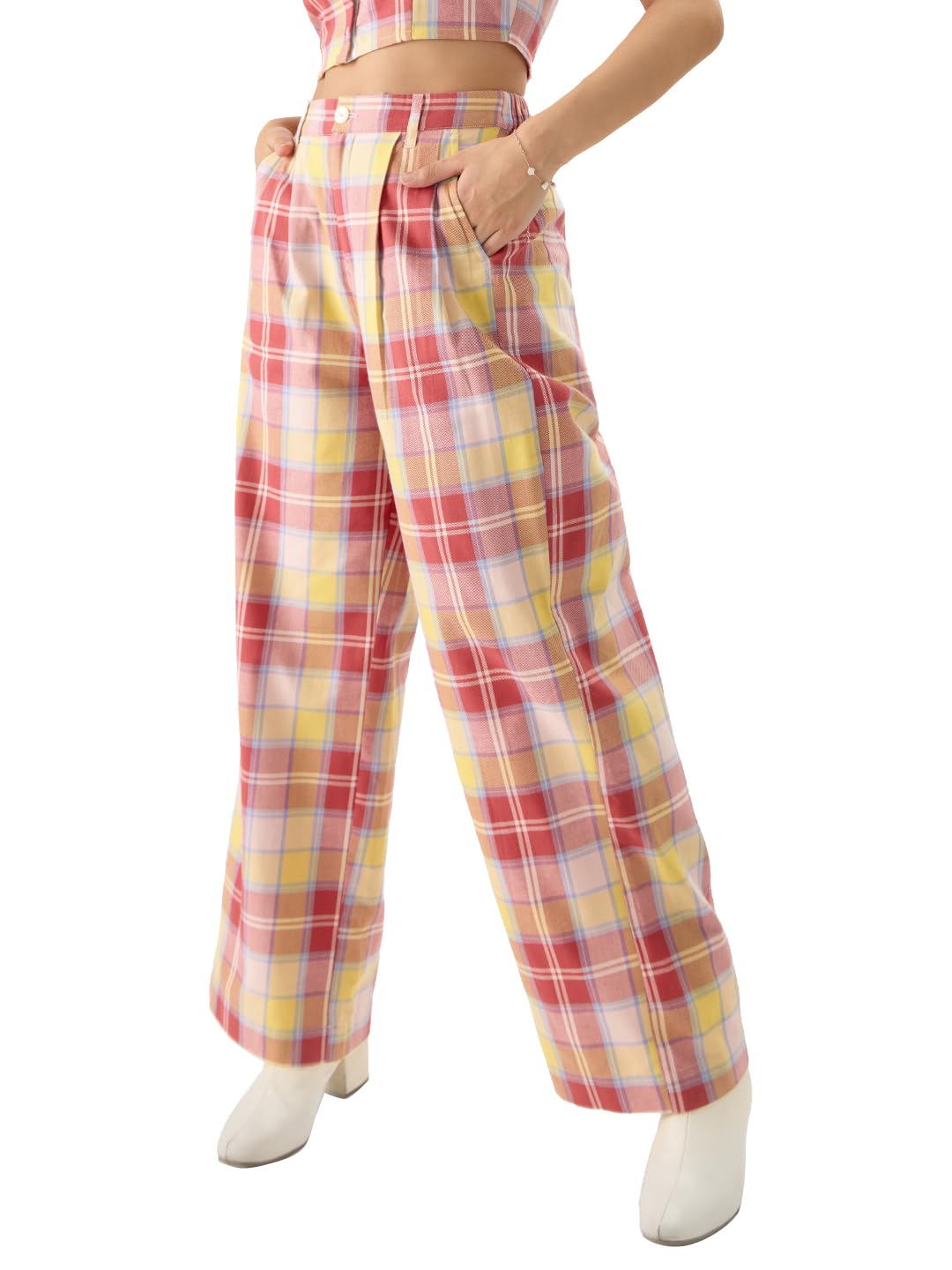 The Souled Store Sugar Coral Women and Girls Straight Fit Cotton Checkered Pants