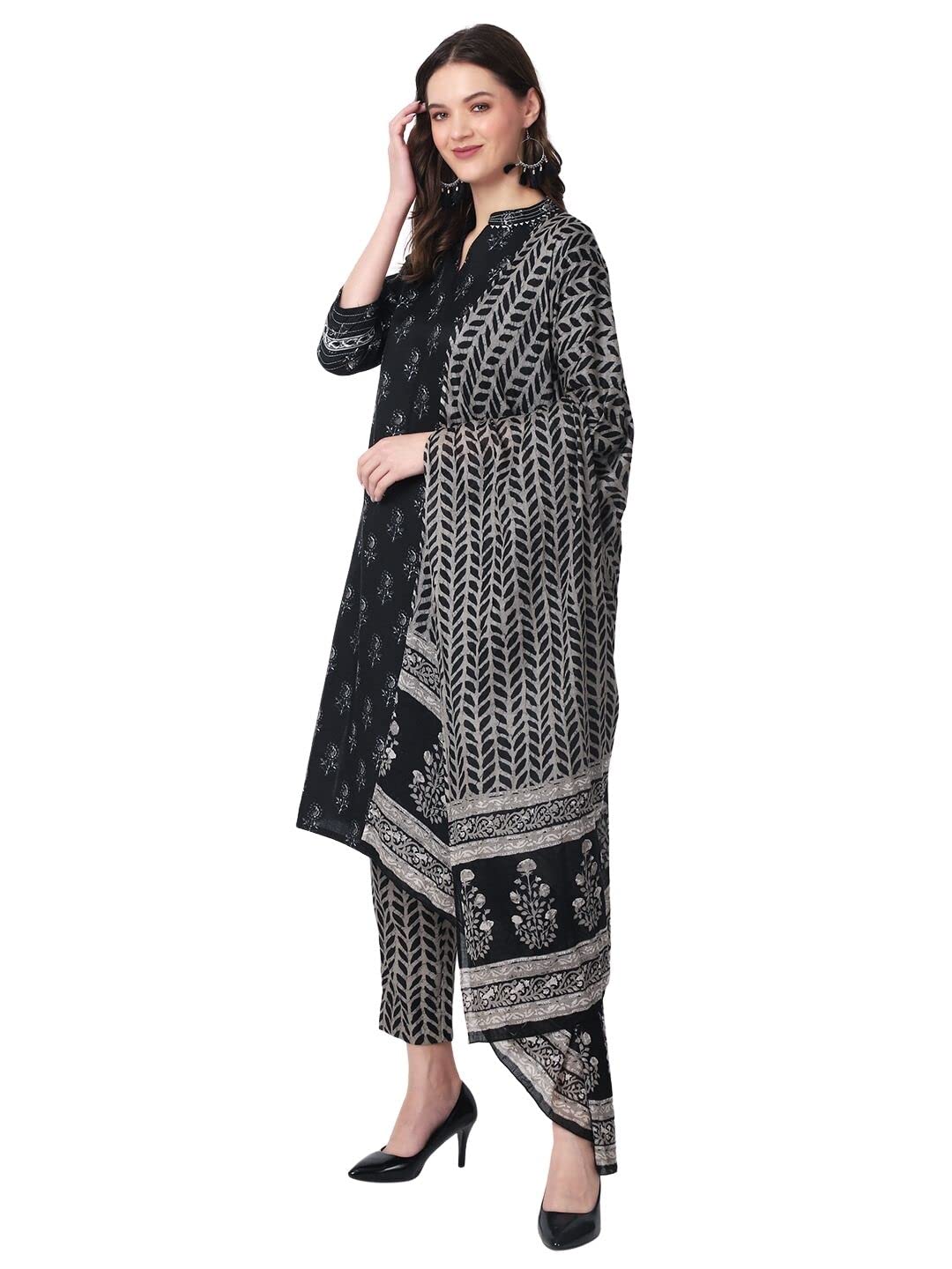 rytras Women's Rayon Black and Grey Printed Straight Kurta with Palazzos Pants and Dupatta Set