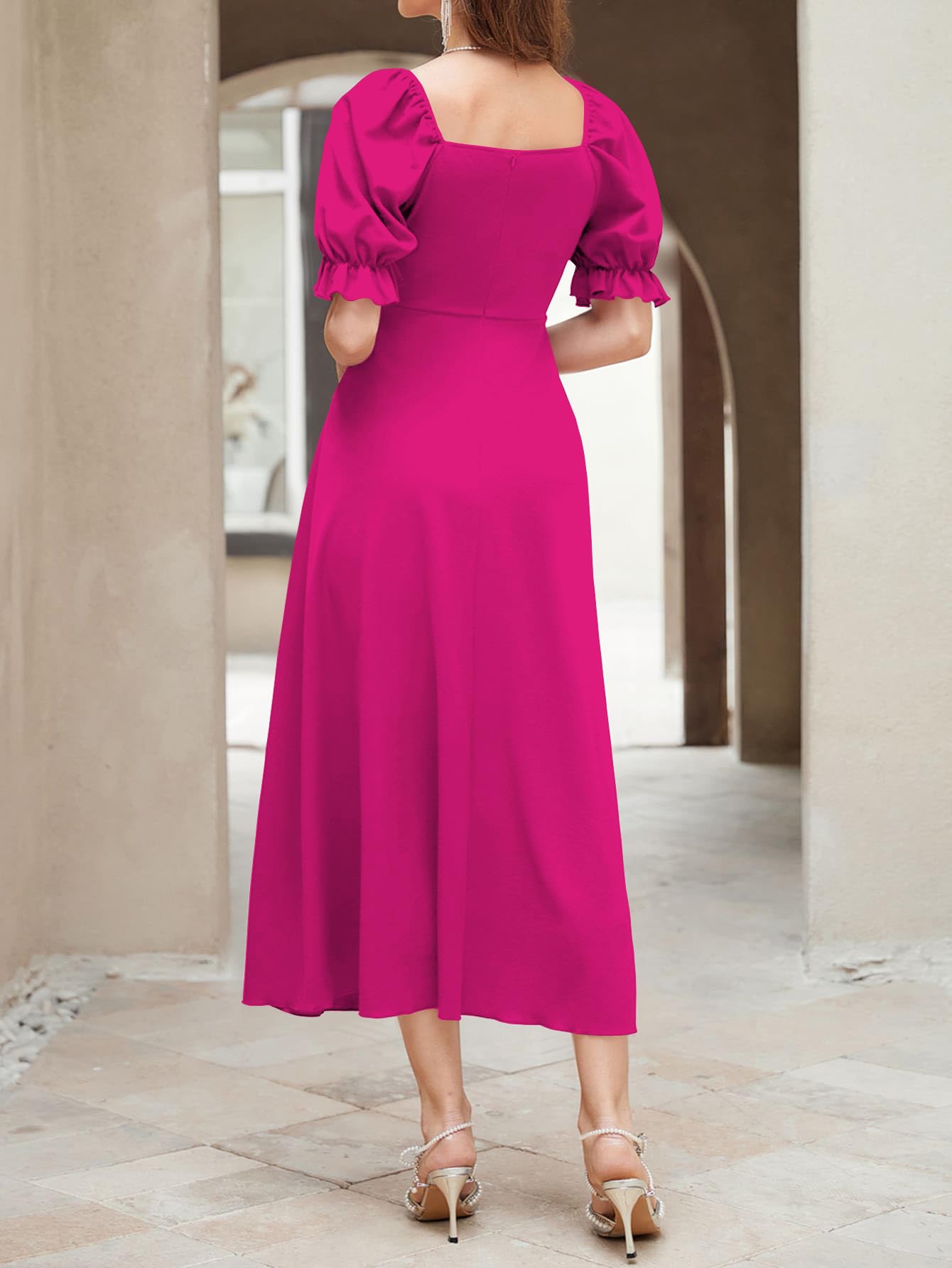 Shasmi GirlS & WomenS Solid Hot Pink A-Line Ruched Puff Sleeve Maxi Long Evening One Piece Long Dress For Women Stylish (Dress