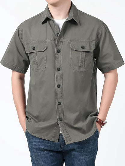 SMOWKLY Mens Casual Solid Printed Cotton Regular Fit Shirt || Half Sleeve, Button Down, Double Front Pocket || Denim Jacket Sty