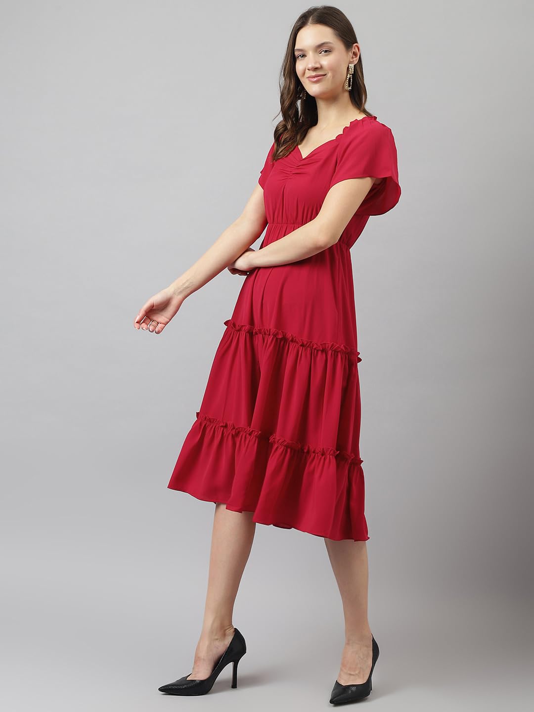 Toochki Womens red Rayon Solid fit & Flared Regular fit Western Midi Length Kurti a line Style Summer wear Kurtis Trendy Colour
