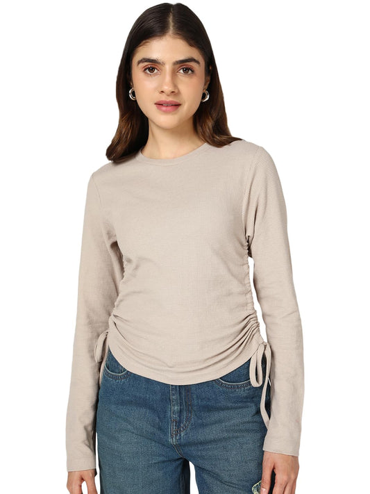 Bewakoof WomenS Textured Regular Fit Full Sleeve Round Neck Waffle-Cotton Top_685377_Brown_S