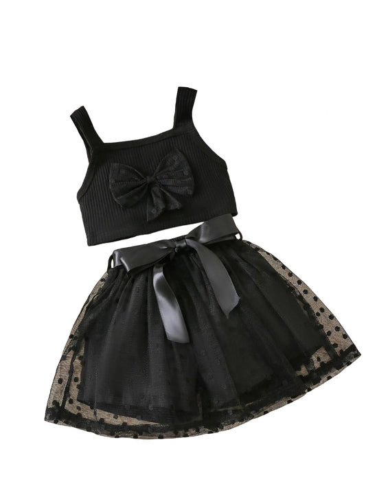 Tagas Toddler Girls Bow Cami Top & Polka Dot Mesh Belted Skort || fancy dress for girls || party dress for girls || KTS-901-BLAC