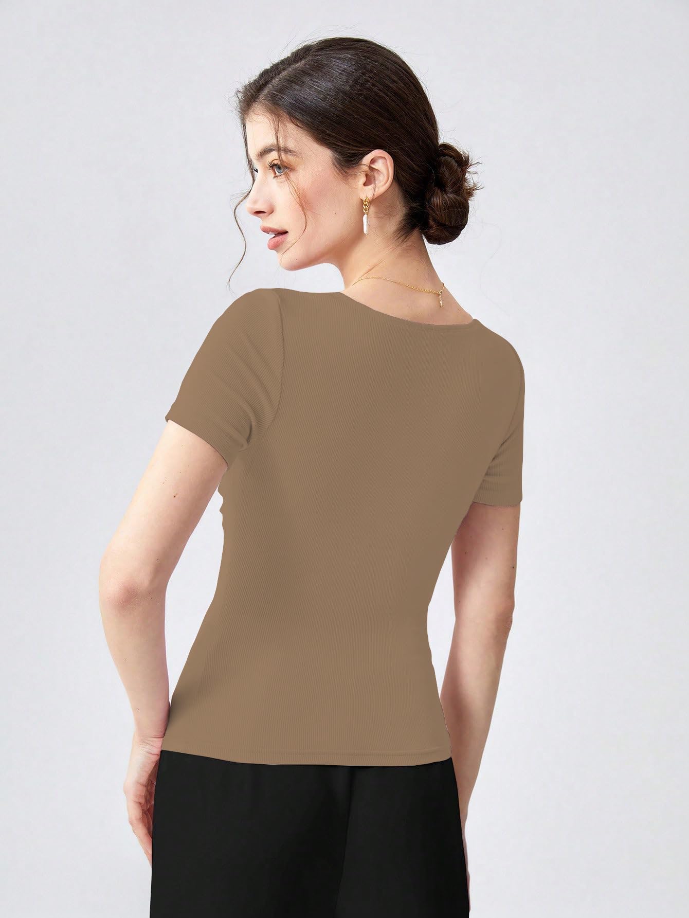 Shasmi Womens & Girls Brown Womens Summer Square Neck Solid Color Ruched Tee Workwear Pleated Casual t-Shirt for Women (Top 1