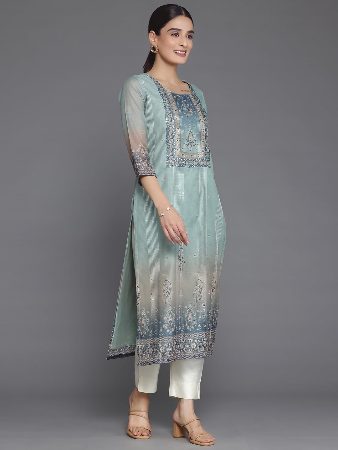 Libas Grey Embellished Chanderi Silk Straight Kurta