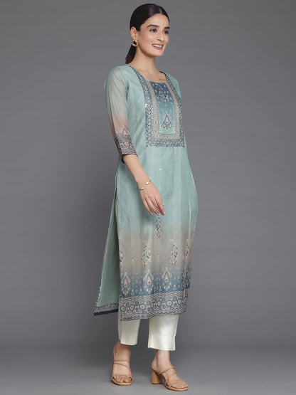 Libas Grey Embellished Chanderi Silk Straight Kurta