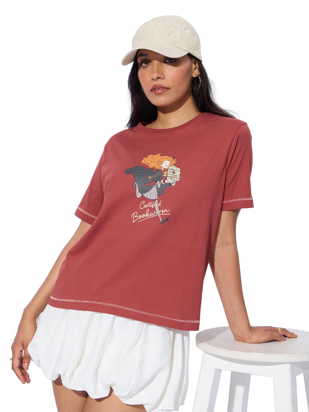 The Souled Store Harry Potter: Bookworm Women and Girls Short Sleeves Round Neck Red Graphic Printed Cotton Relaxed Fit T-Shirts