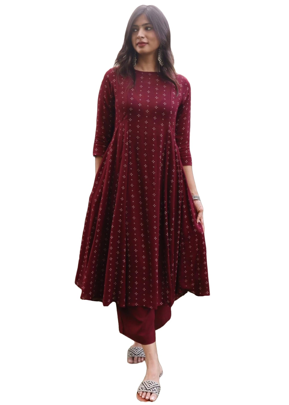 ANNI DESIGNER Anarkali Womens Kurta with Viscose Trousers, Burgundy, XL